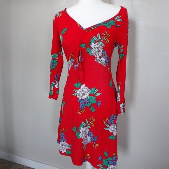 NEW Bobbie Brooks Dress Womens Small Midi Floral Dress Red Stretchy‎ Fit Flare - Picture 1 of 9